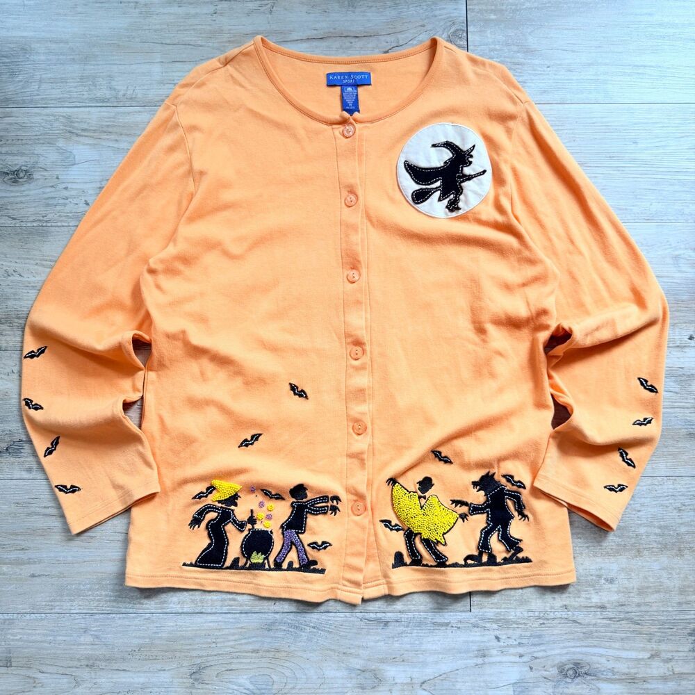 Vintage Halloween Cardigan Karen Scott Sport Orange Beaded Witch Bat Sweater M